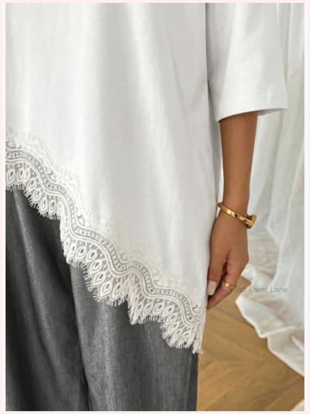Crew Neck Half Sleeve T-Shirt Asymmetrical Hem Lace Patchwork Loose Fit Top - Picture 6 of 7